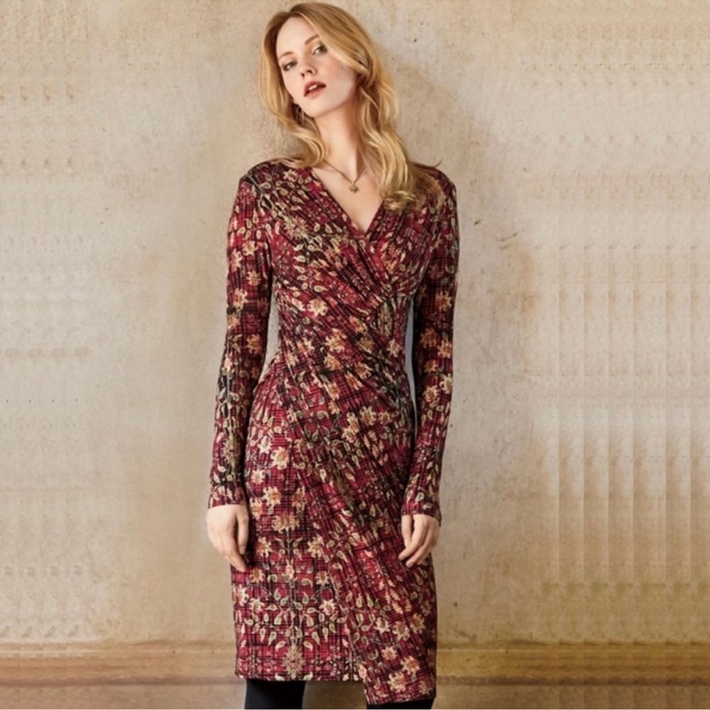 Peruvian Connection Ainsley wrap front soft stretchy jersey knit floral dress